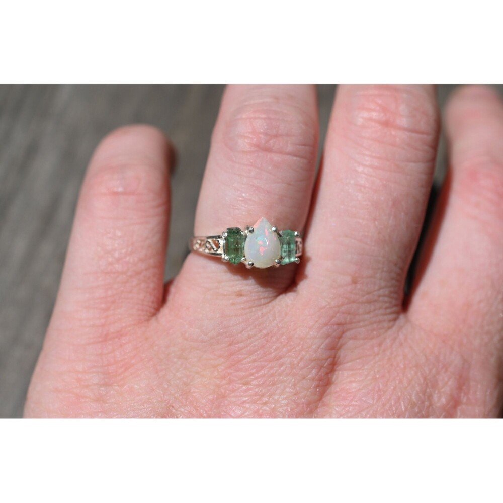 Emerald and tourmaline engagement ring, anniversary rings, uncut natural gemston